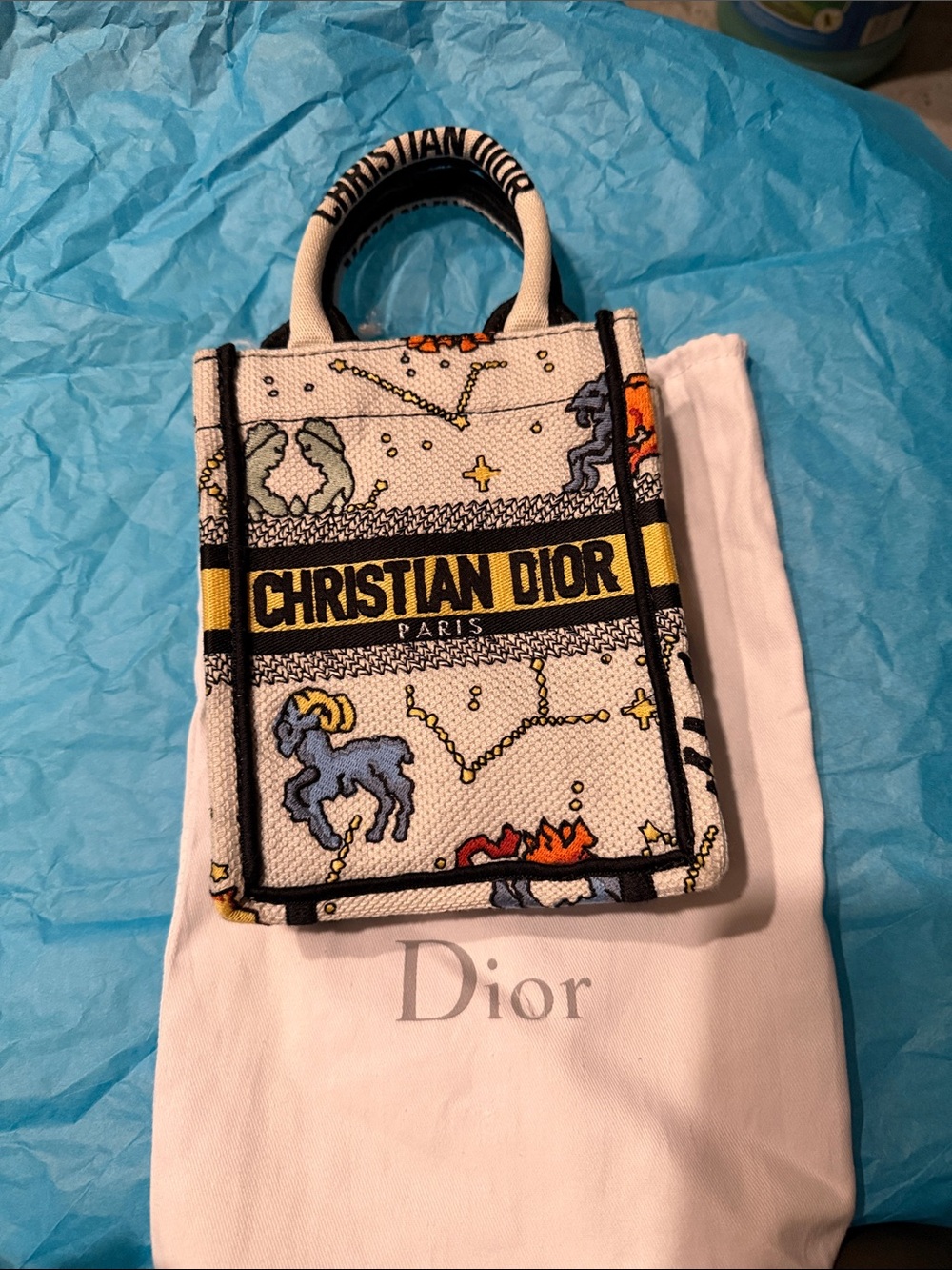 Christian Dior Multicolor Zodiac Embroidered Mini Book Tote — White & Yellow